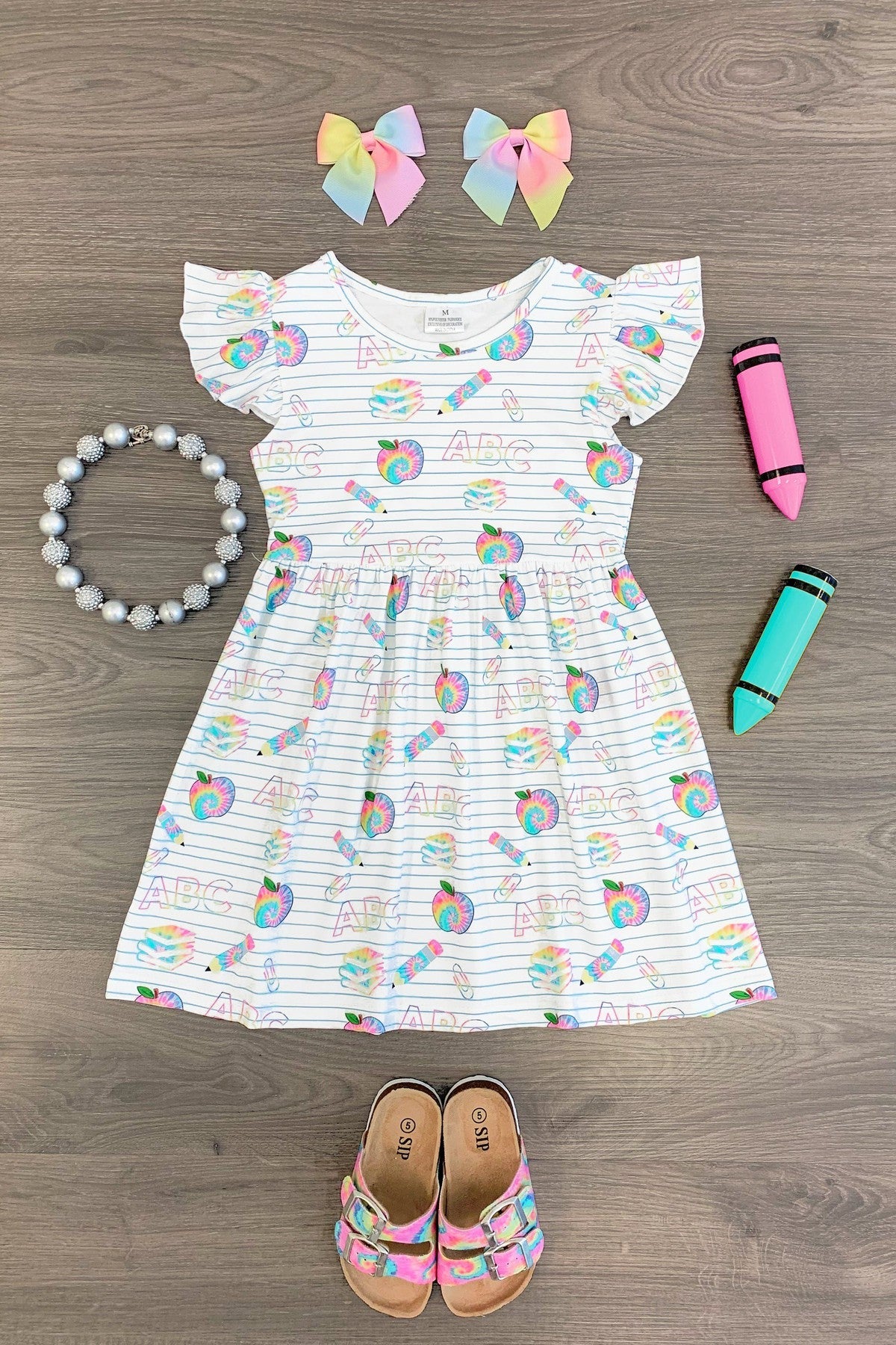 White & Rainbow Tie Dye School Dress - Sparkle in Pink